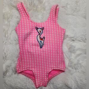Vintage 70s Little Dippers Pink White Gingham Deer Swimsuit 2T